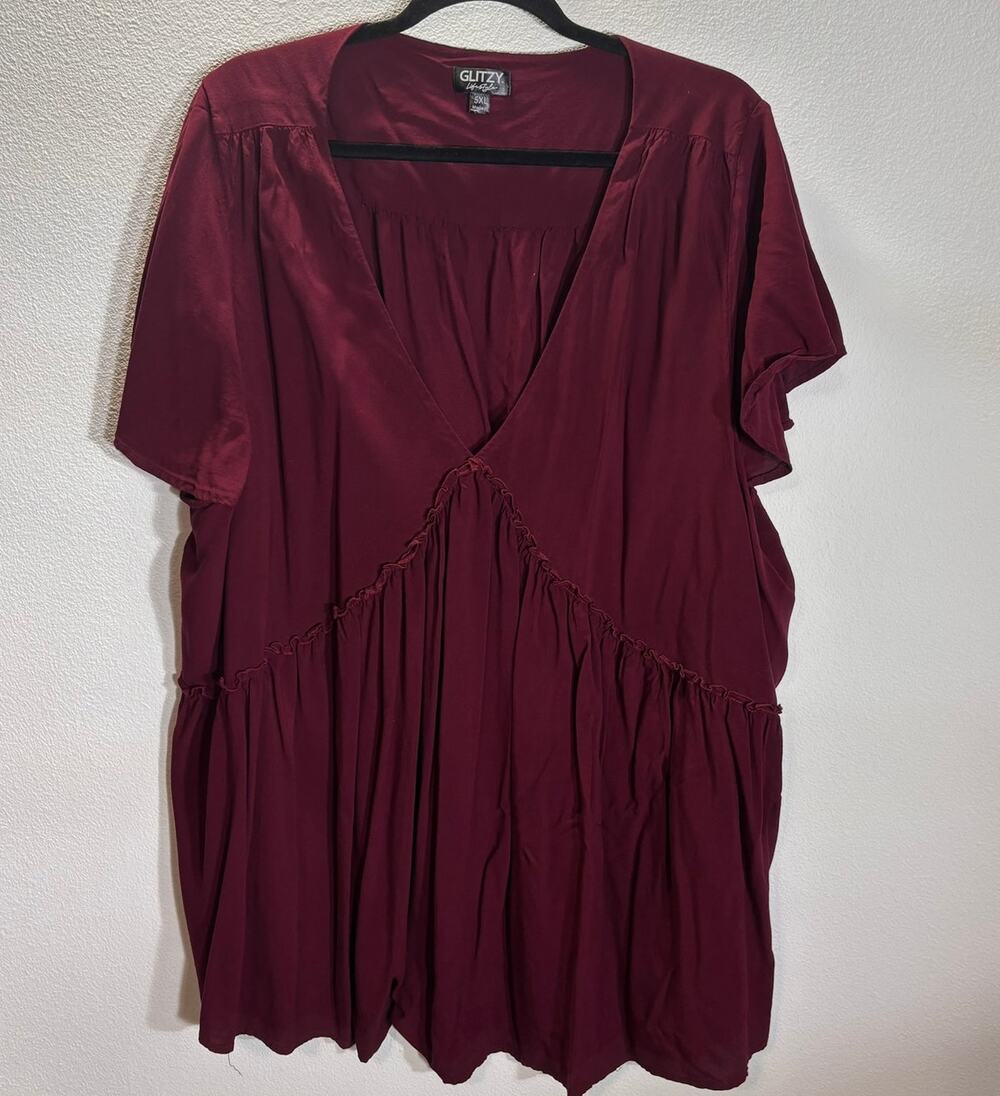 Glitzy Lifestyle Burgundy Babydoll Tunic Top 5XL Boho Flowy Rayon